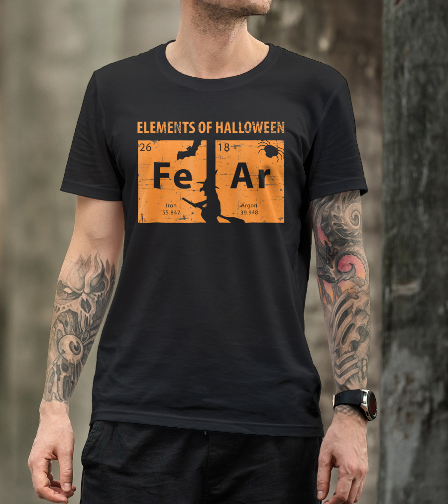 Elements Of Halloween Periodic Table Fe Ar 26 18 Iron Argon Witch Bat Spider T-Shirt