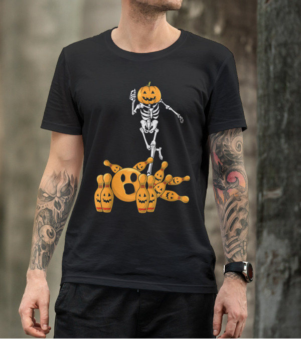 Bones Skeleton Pumpkin Head Halloween Bowling Pin Strike T-Shirt