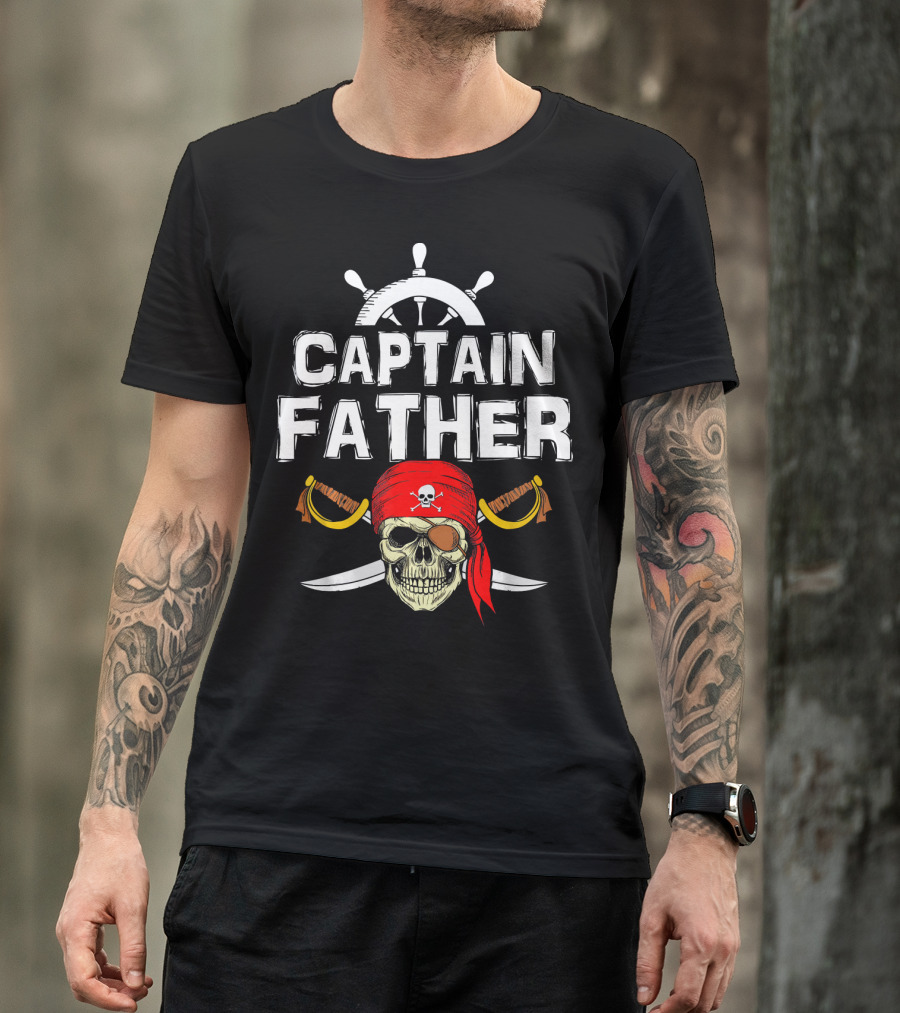 Captain Father Pirate Skull With Swords And Ship Wheel T-Shirt
