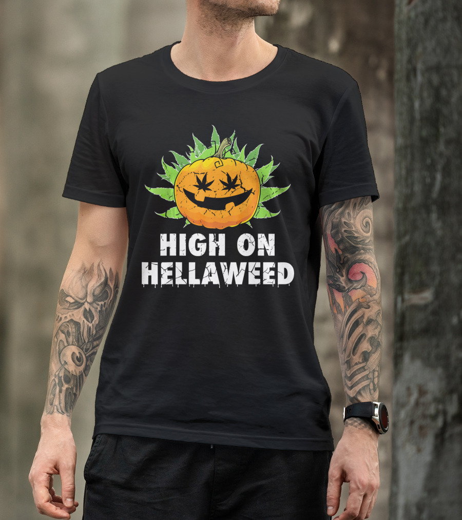 High On Hellaweed Halloween Weed Cannabis Pumpkin Face T-Shirt