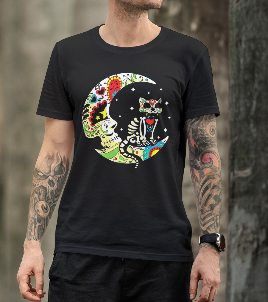 Dia De Los Muertos Halloween Sugar Skull Cat On Crescent Moon T-Shirt
