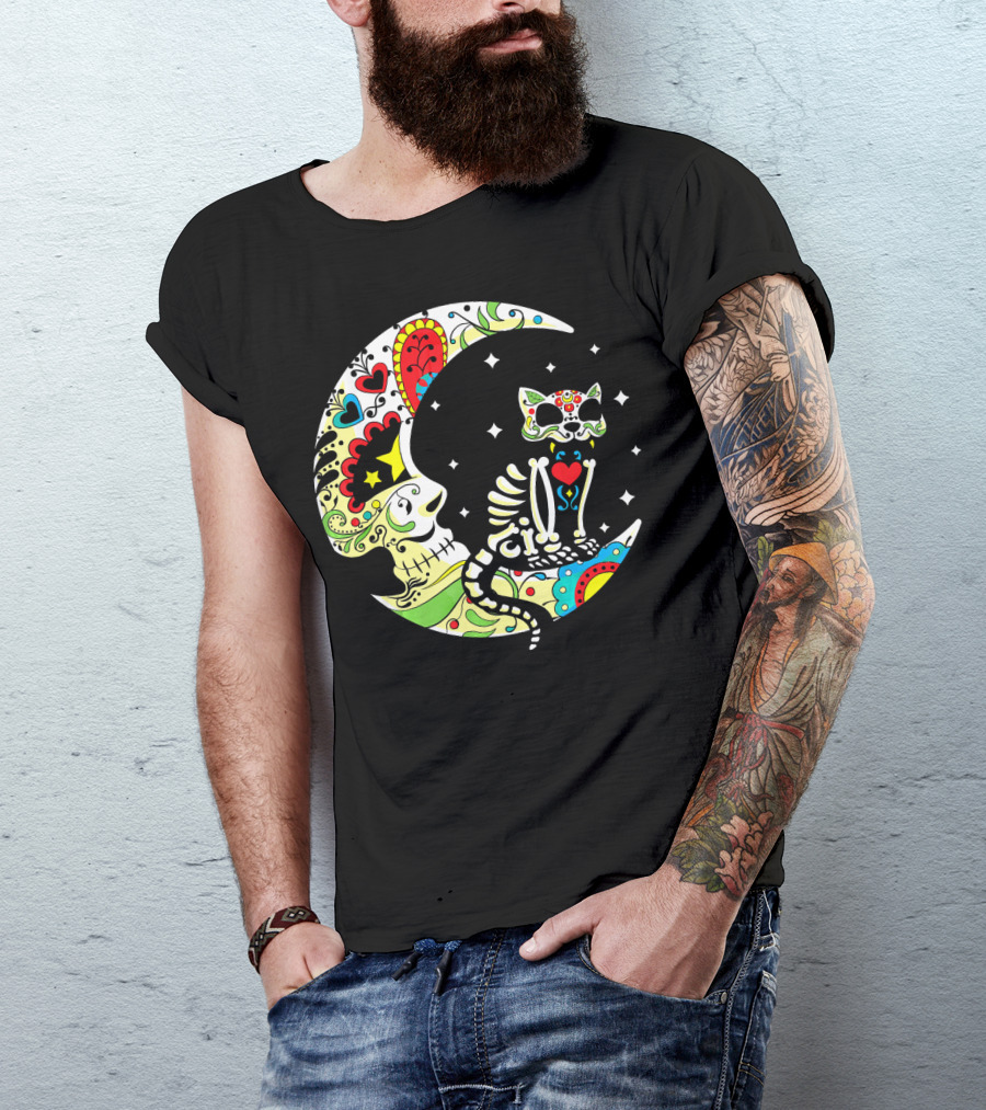 Dia De Los Muertos Halloween Sugar Skull Cat On Crescent Moon T-Shirt