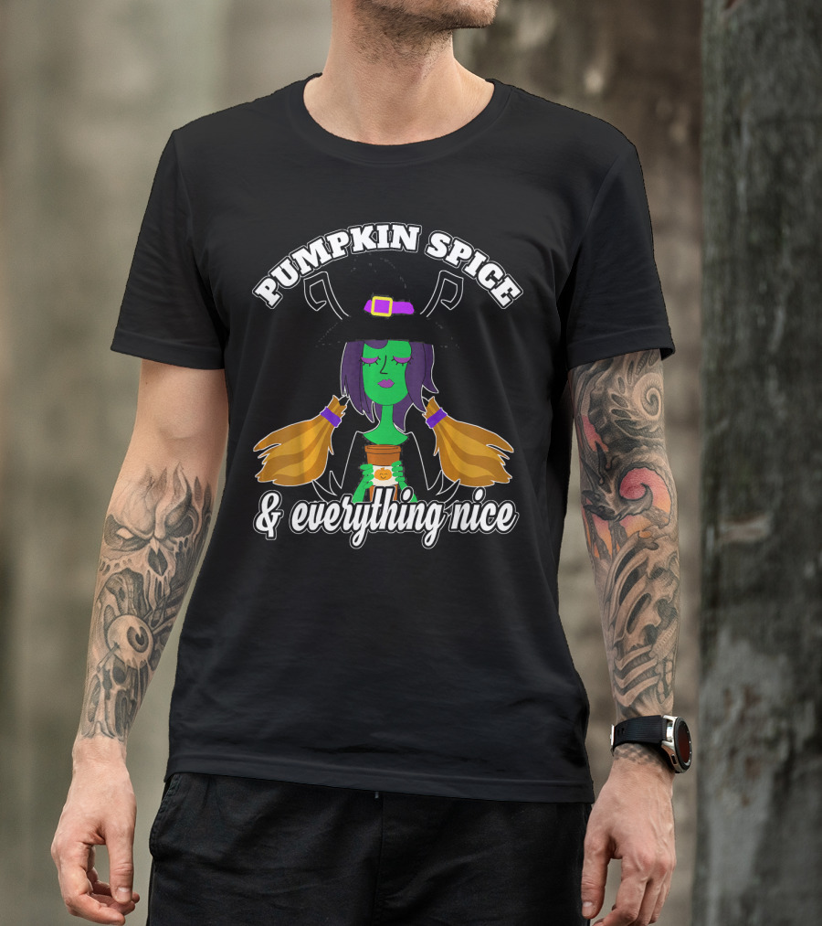 Pumpkin Spice And Everything Nice Witch Green Face Hat Brooms T-Shirt