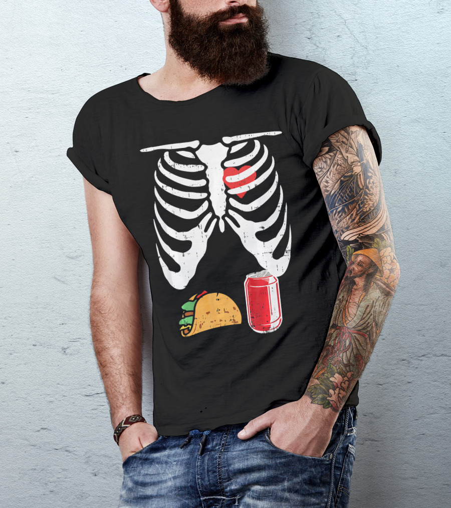 Skeleton Ribcage Heart Taco Beer Can Xray T-Shirt