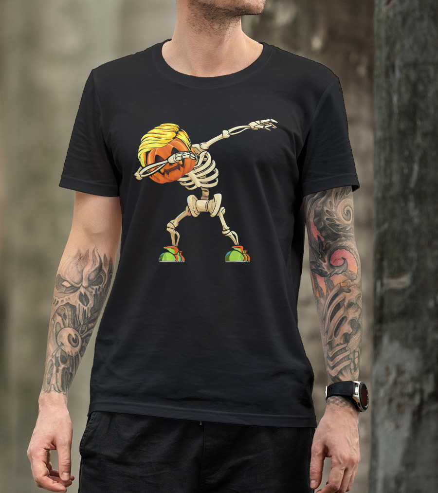 Funny Halloween Dabbing Skeleton Pumpkin With Golden Hair And Colorful Sneakers T-Shirt