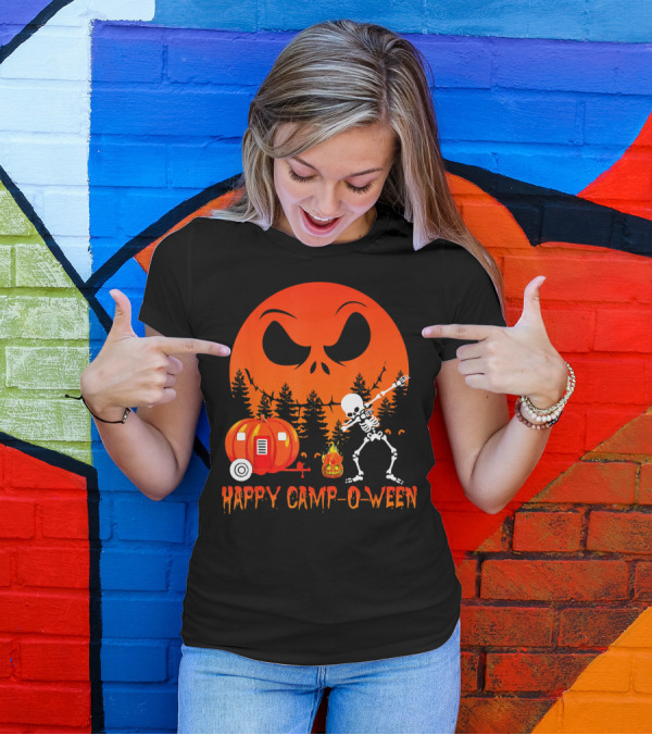 Happy Camp-O-Ween Skeleton Dab Pumpkin Camper Spooky Forest Scene T-Shirt