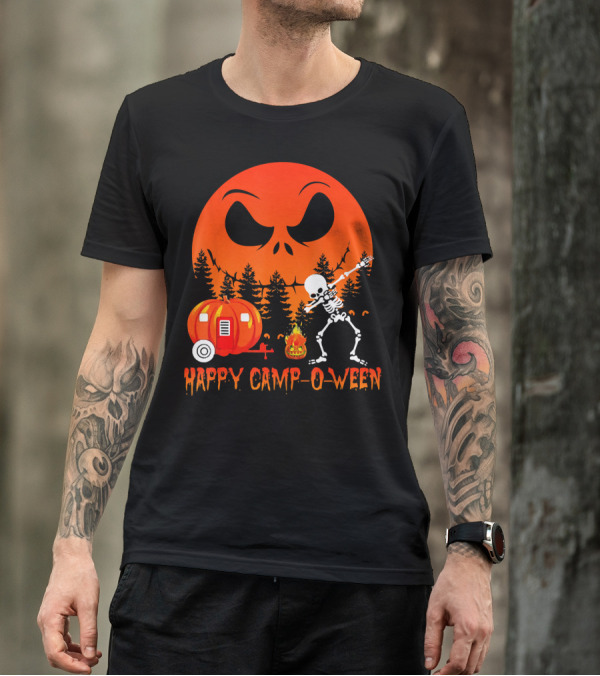 Happy Camp-O-Ween Skeleton Dab Pumpkin Camper Spooky Forest Scene T-Shirt