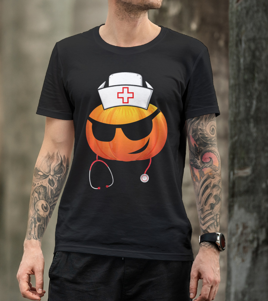 Smiling Pumpkin Nurse Emoji With Stethoscope Halloween T-Shirt