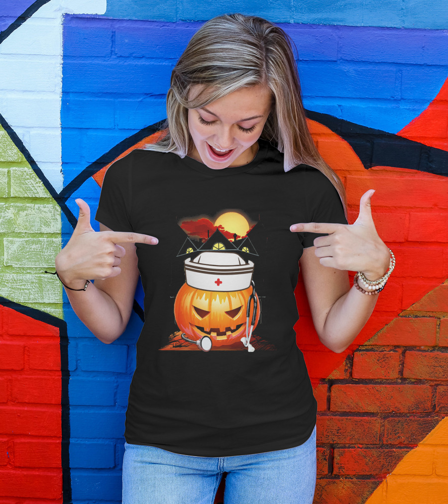 Nurse Pumpkin Halloween With Stethoscope And Haunted House T-Shirt
