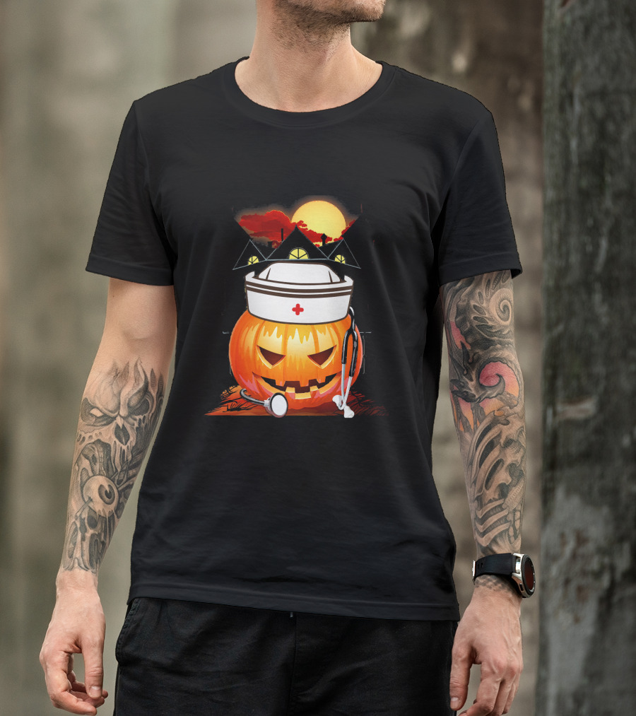 Nurse Pumpkin Halloween With Stethoscope And Haunted House T-Shirt