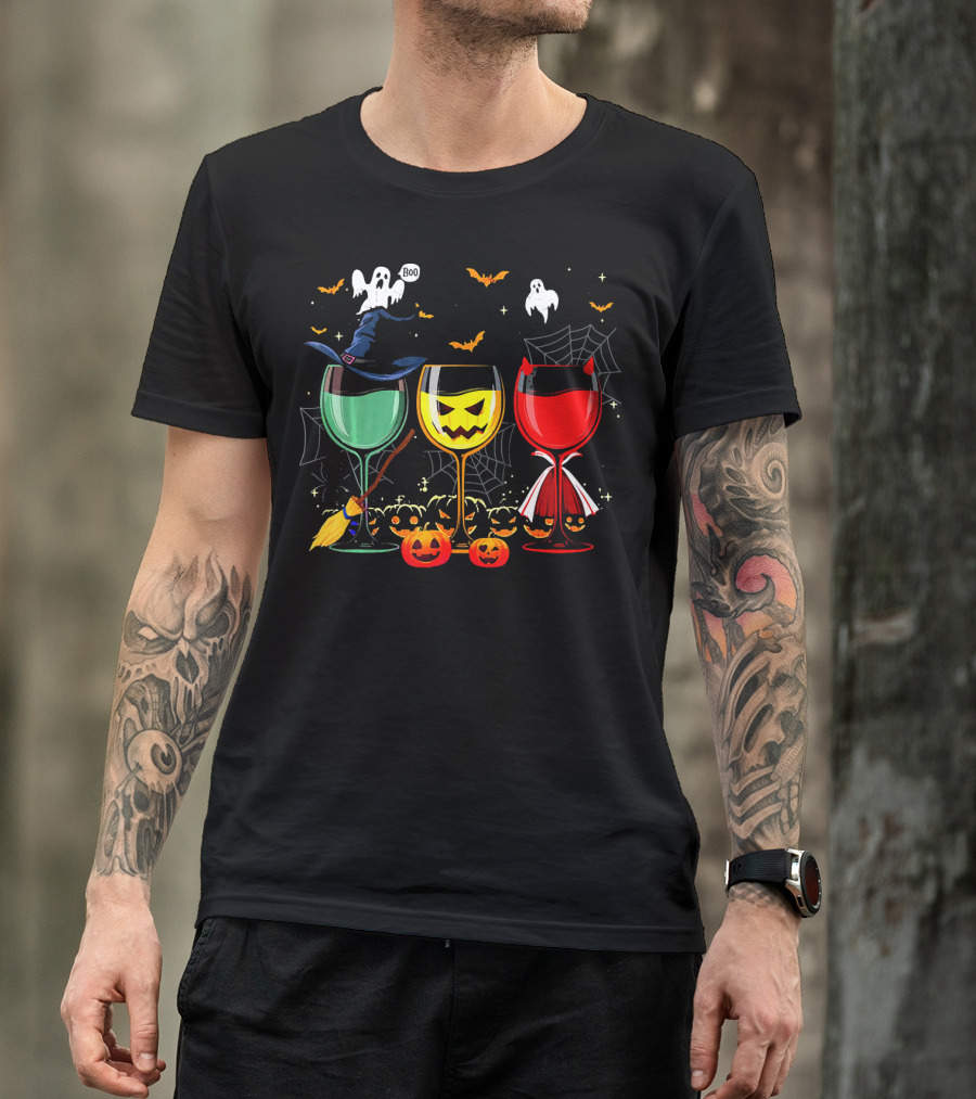 Halloween Witches Pumpkin Ghost Devil Wine Glasses T-Shirt