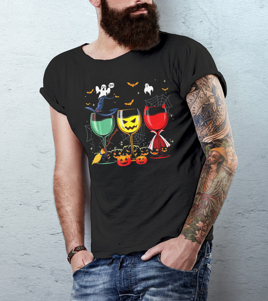 Halloween Witches Pumpkin Ghost Devil Wine Glasses T-Shirt