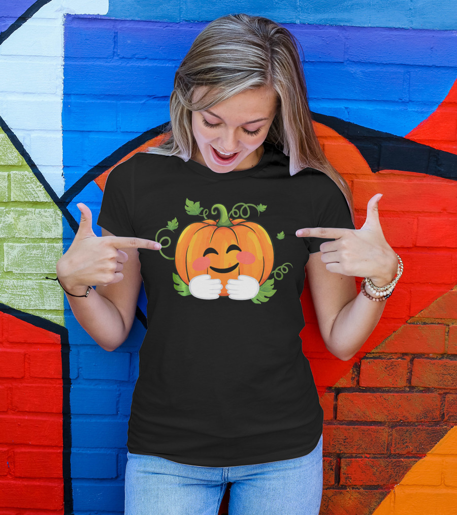 Pumpkin Emoji Big Hugs Smiling Face With Leaves And Vines T-Shirt