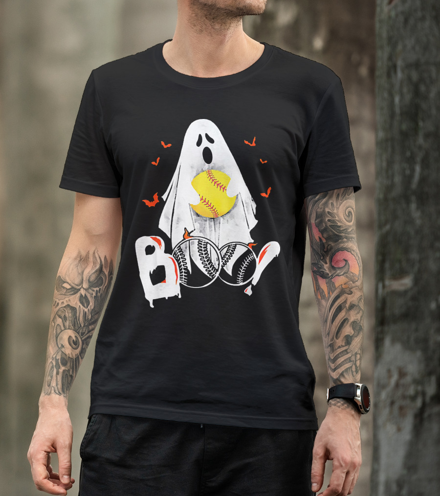 Ghostly Boo Softball With Yellow Softball And Bats T-Shirt