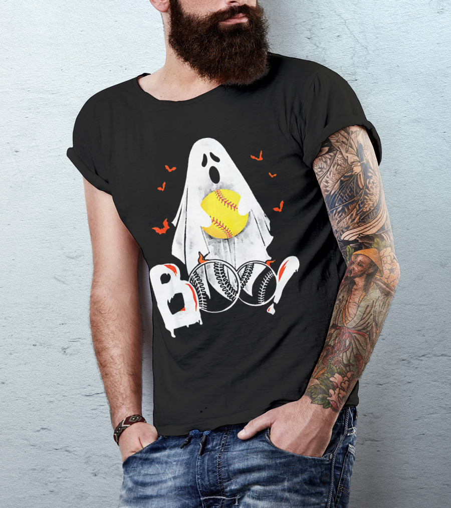 Ghostly Boo Softball With Yellow Softball And Bats T-Shirt