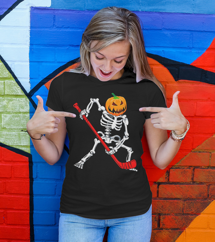 Halloween Skeleton With Pumpkin Head Playing Hockey T-Shirt