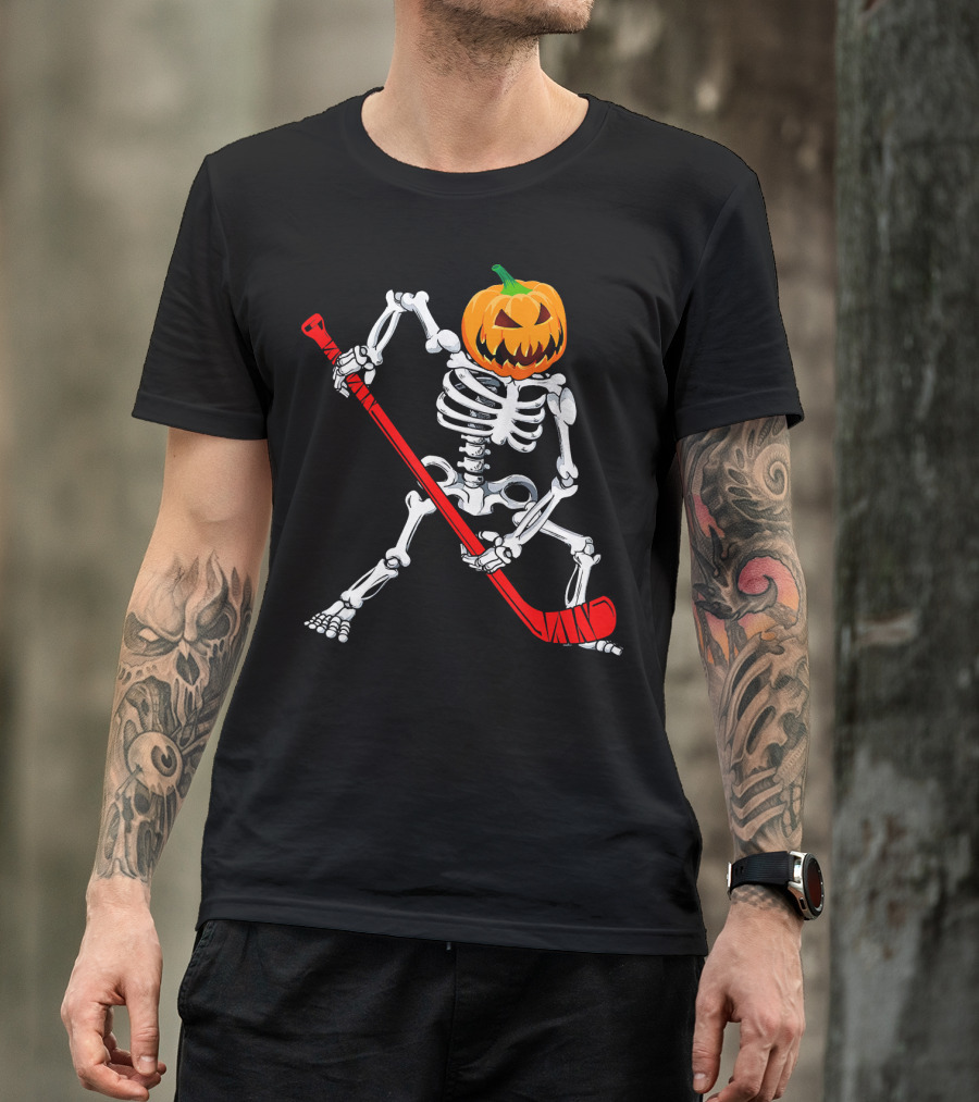 Halloween Skeleton With Pumpkin Head Playing Hockey T-Shirt
