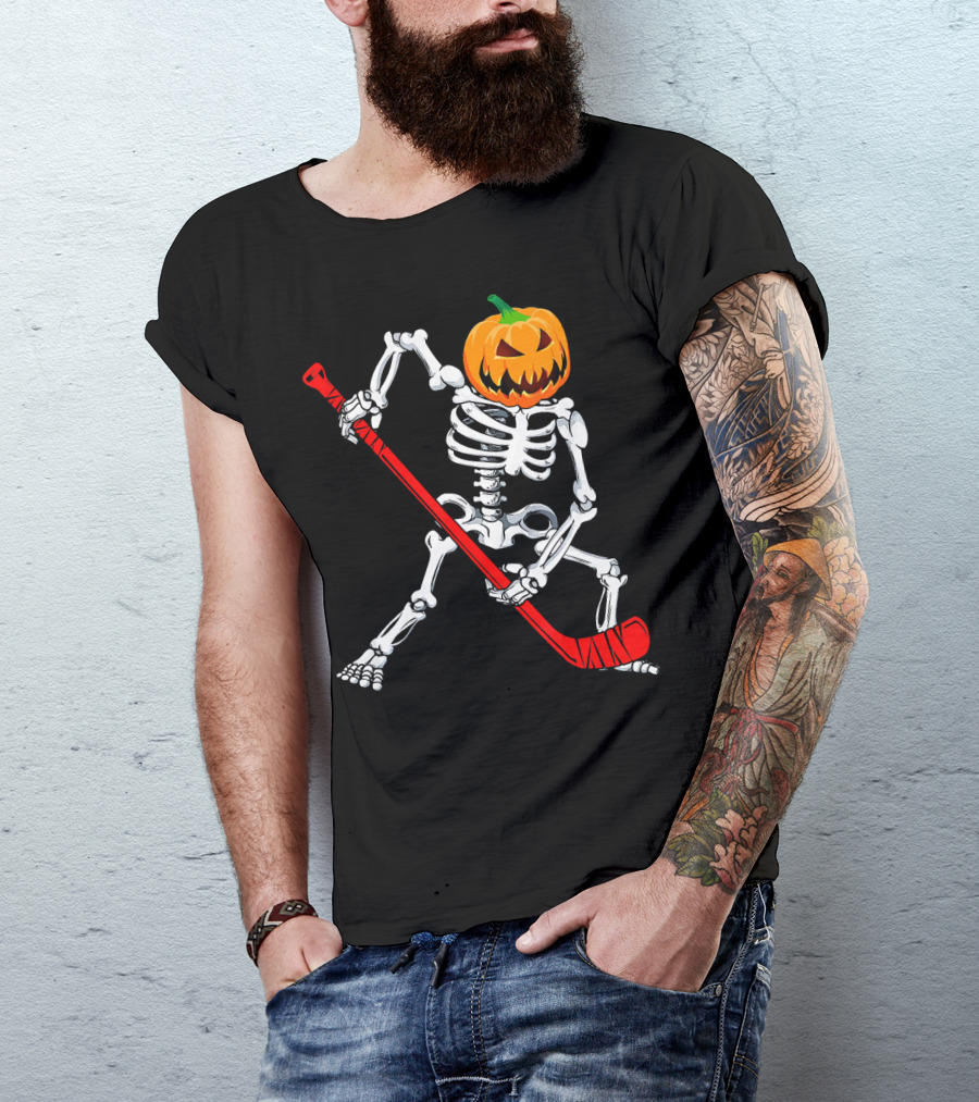 Halloween Skeleton With Pumpkin Head Playing Hockey T-Shirt