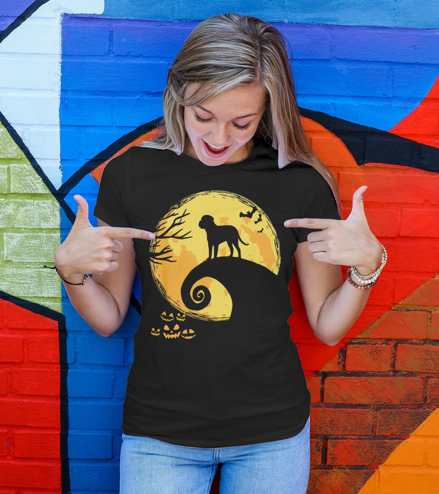 Bullmastiff Silhouette Moonlit Halloween Scene With Pumpkins And Bats T-Shirt