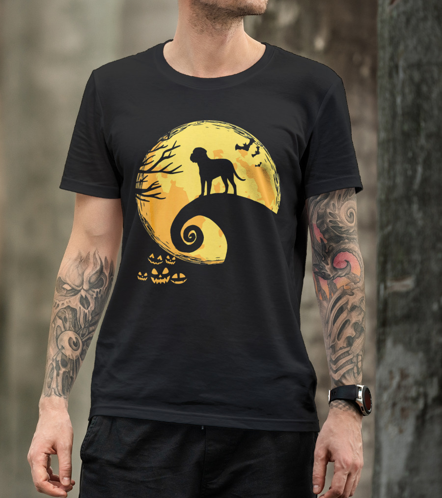 Bullmastiff Silhouette Moonlit Halloween Scene With Pumpkins And Bats T-Shirt