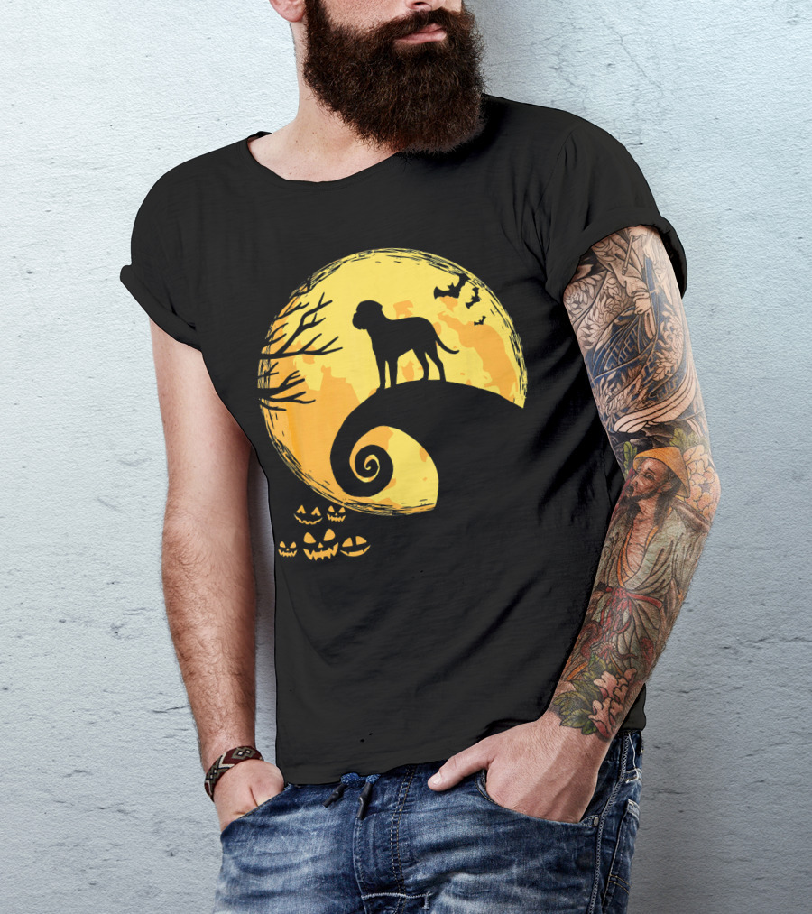 Bullmastiff Silhouette Moonlit Halloween Scene With Pumpkins And Bats T-Shirt
