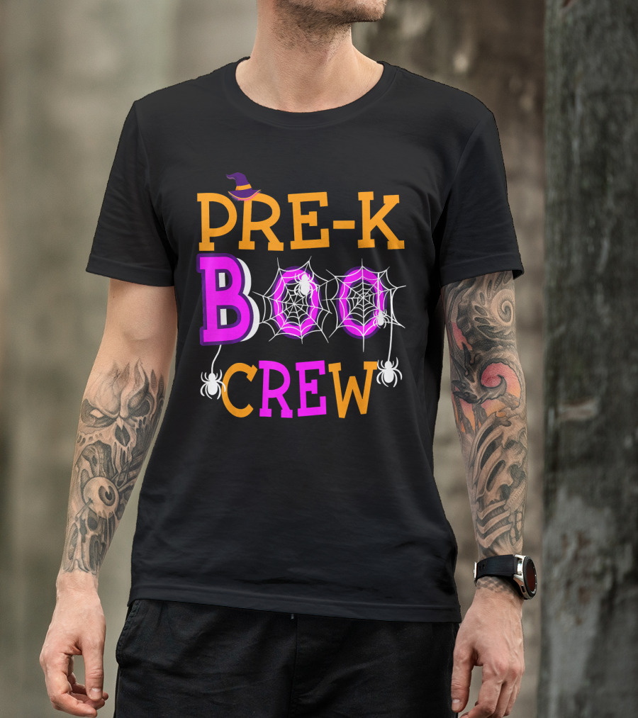 Pre K Boo Crew Halloween Teacher Spider Web Hat T-Shirt