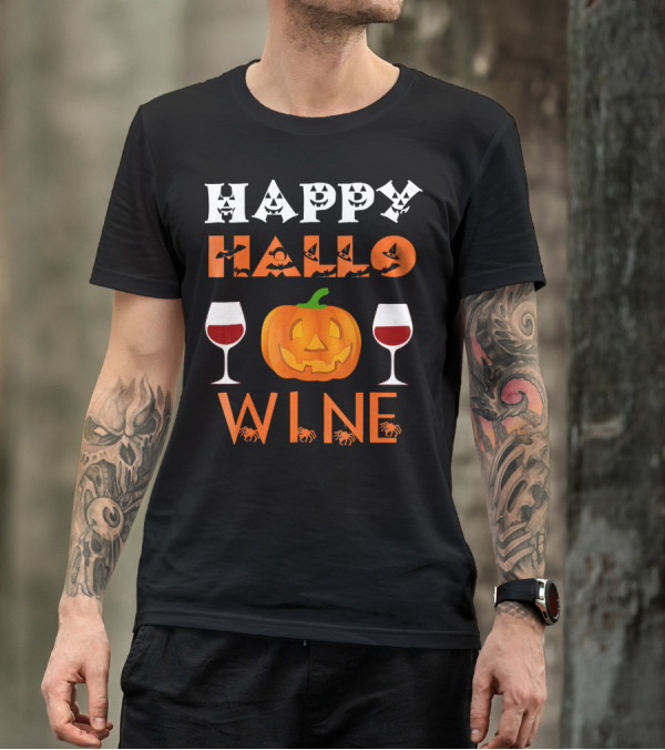Happy Halloween Pumpkin Wine Glasses Spooky Bats And Spiders T-Shirt