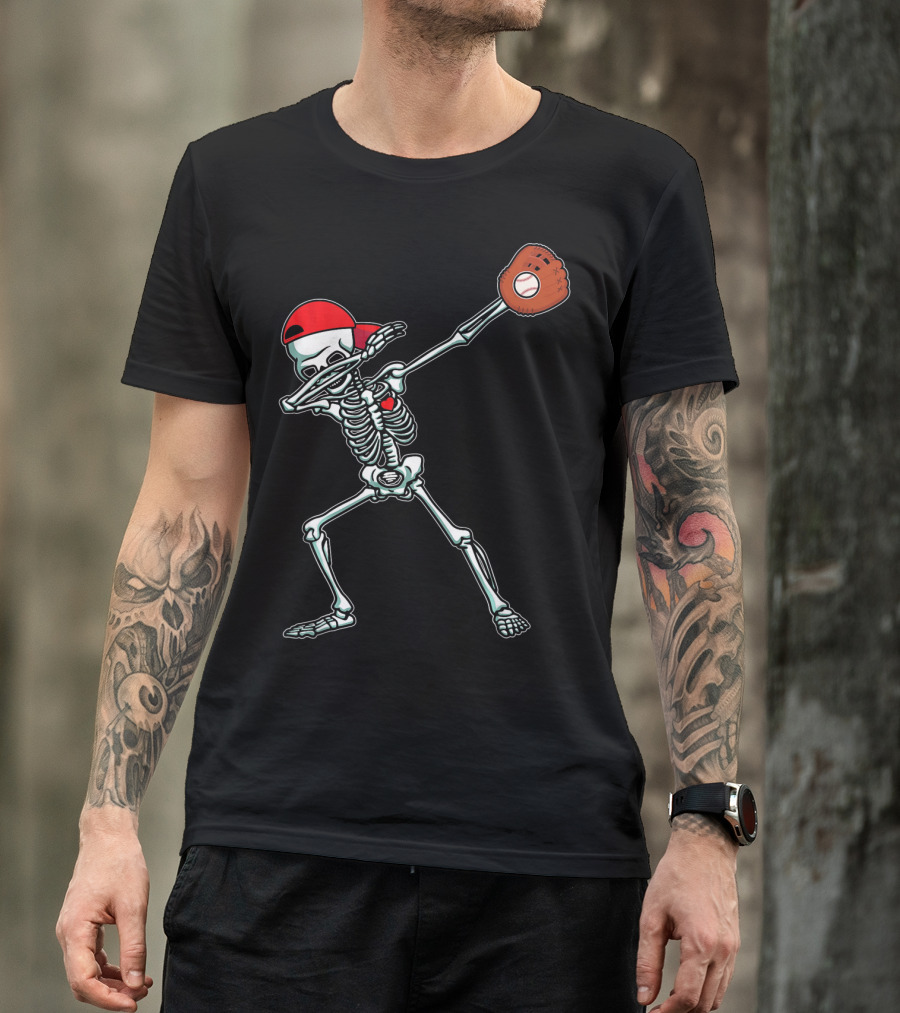 Dabbing Skeleton Baseball Dab Hi Red Cap Glove T-Shirt
