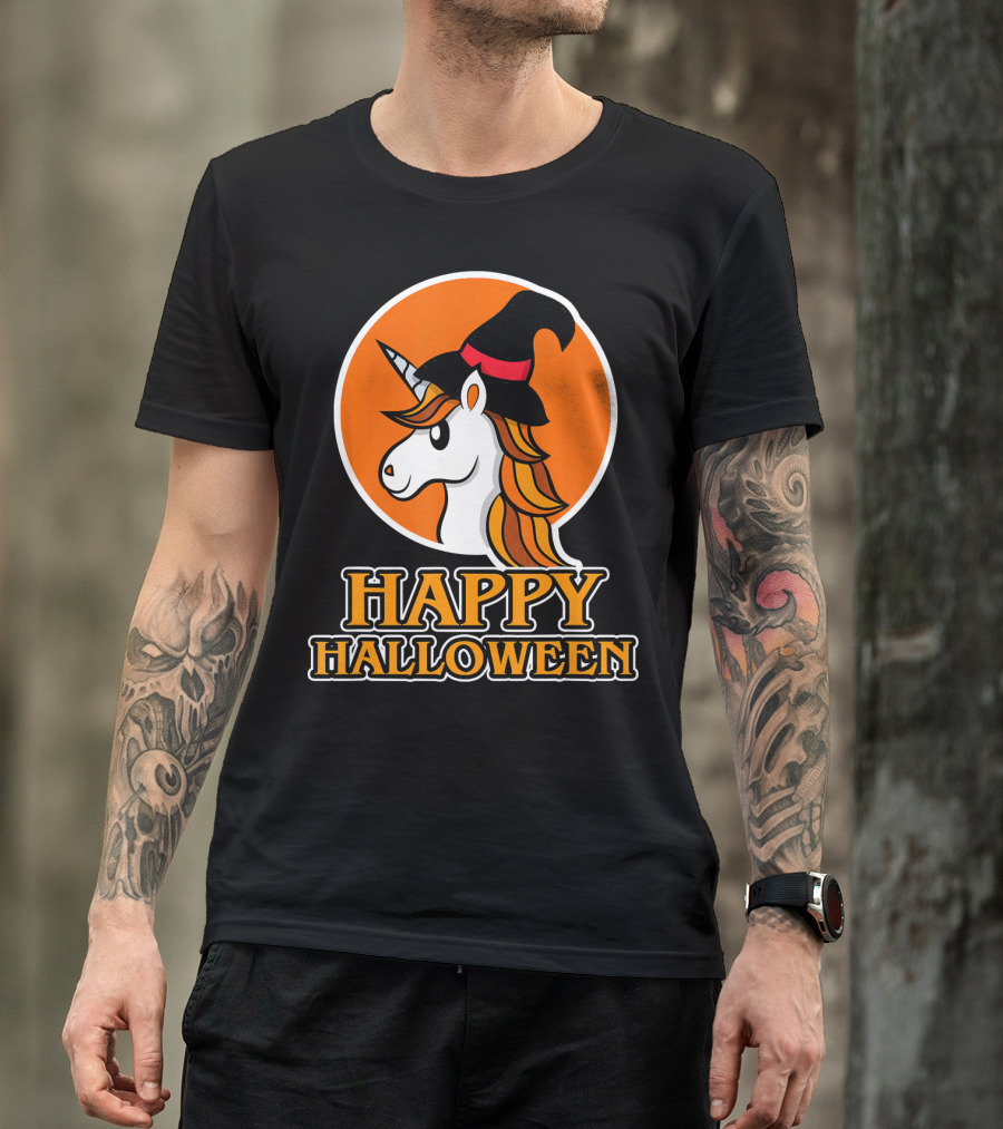Happy Halloween Unicorn With Witch Hat T-Shirt