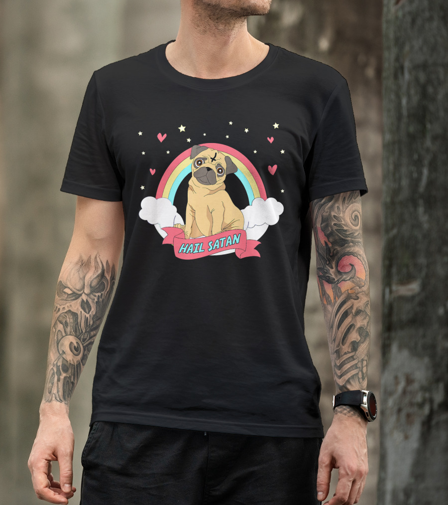 Hail Satan Pug Cute Halloween Rainbow Hearts Stars Clouds T-Shirt