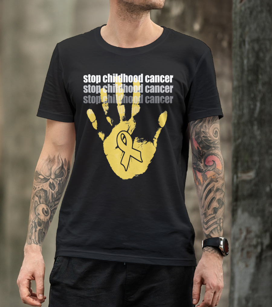 Stop Childhood Cancer Yellow Handprint Ribbon Awareness T-Shirt