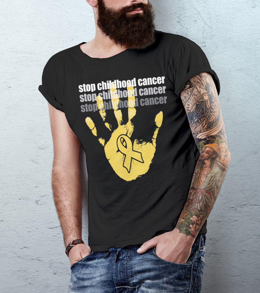 Stop Childhood Cancer Yellow Handprint Ribbon Awareness T-Shirt