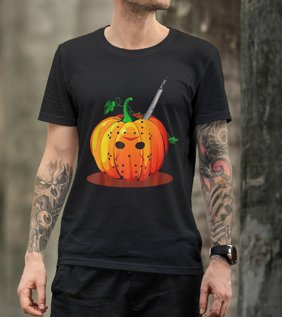 Horror Pumpkin Halloween Scary Face Knife T-Shirt