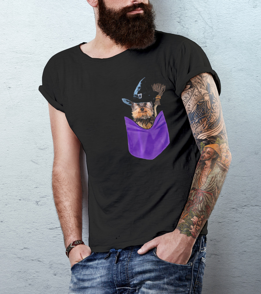 Yorkie Witch In Pocket With Broomstick T-Shirt