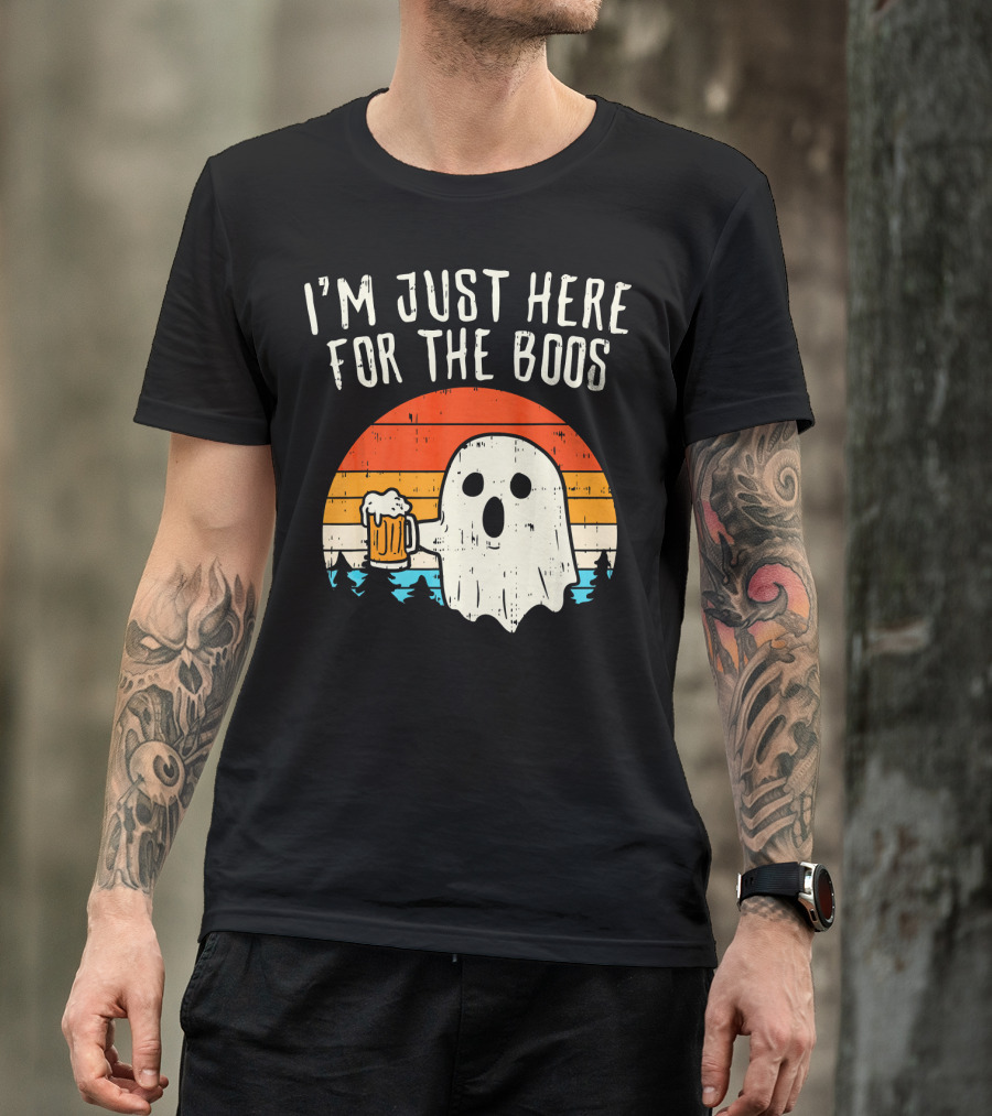 I'm Just Here For The Boos Retro Ghost With Beer Sunset T-Shirt