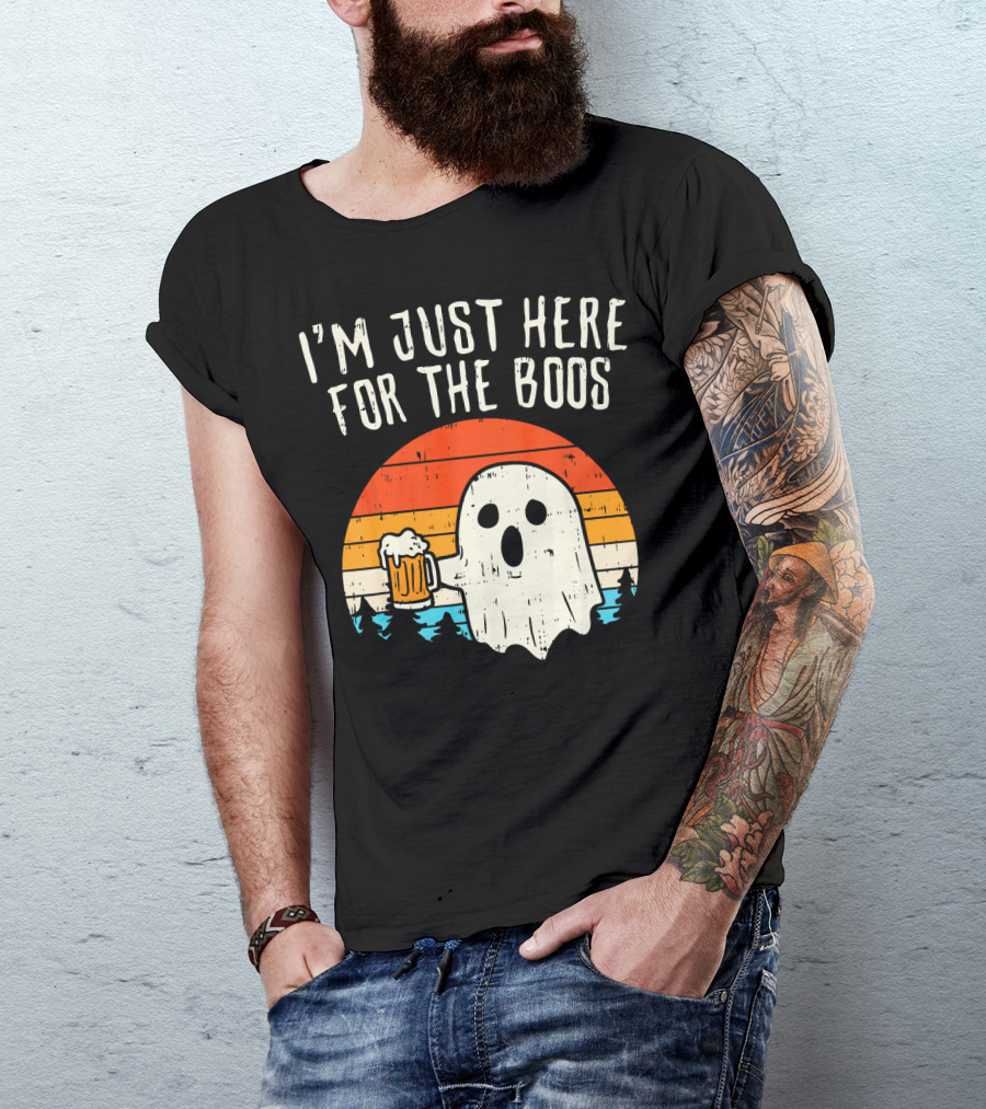 I'm Just Here For The Boos Retro Ghost With Beer Sunset T-Shirt