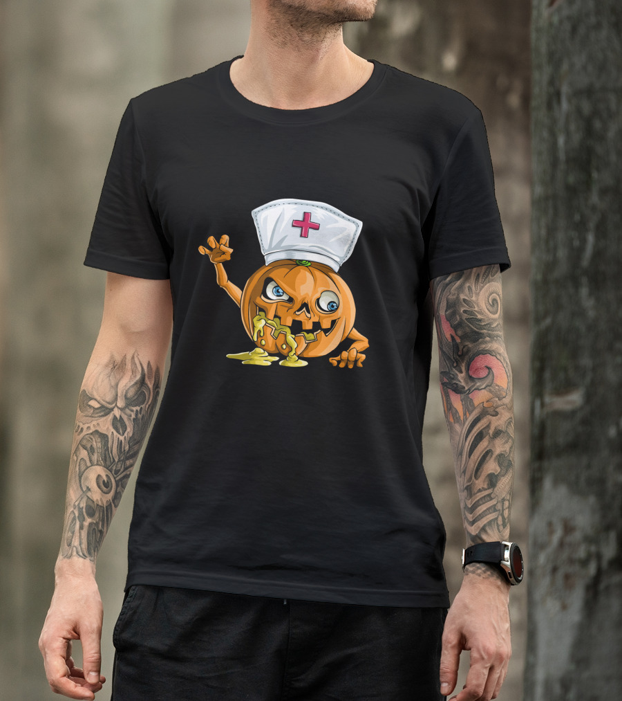 Zombie Pumpkin Nurse Funny Halloween Horror T-Shirt