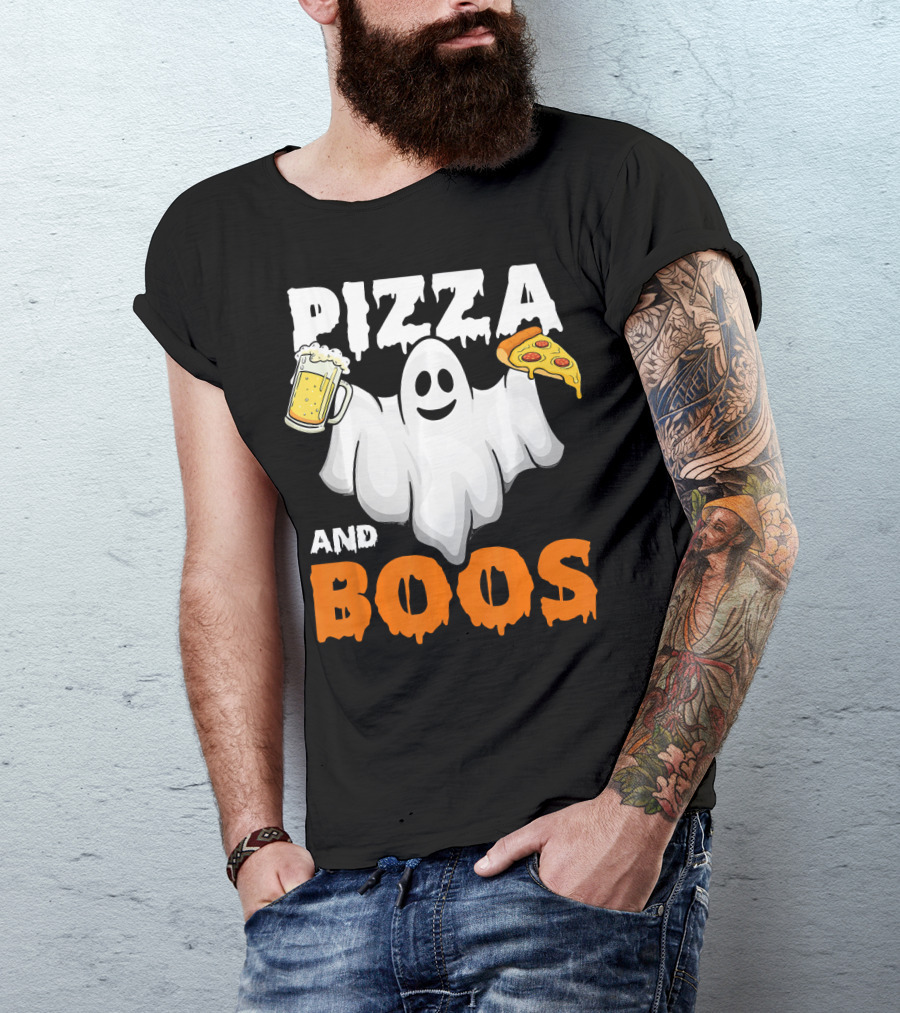 Pizza And Boos Ghost Holding Beer And Pizza Slice Halloween Funny Ghost Drinking Beer T-Shirt