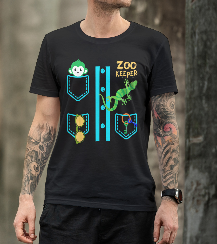 Zoo Keeper Costume Halloween Monkey Lizard Pockets Keys Glasses T-Shirt
