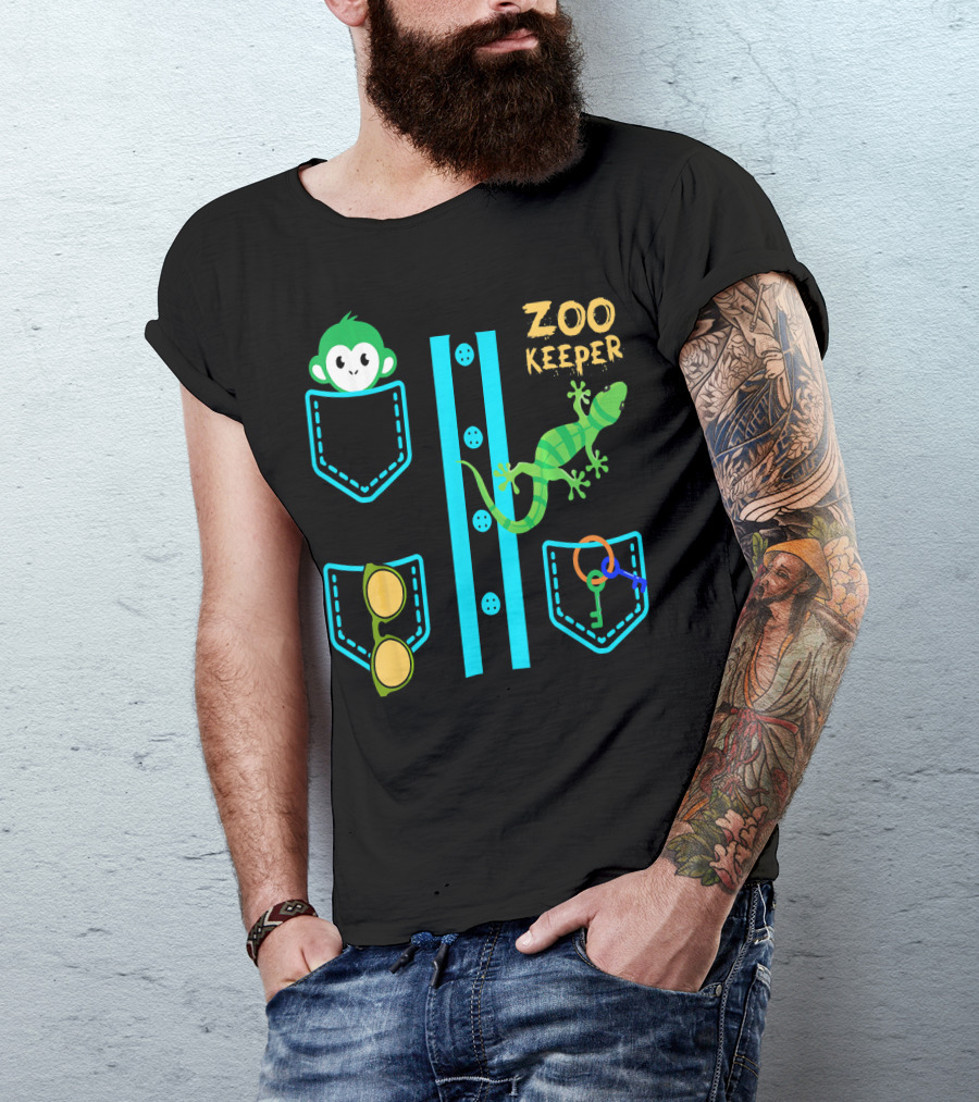 Zoo Keeper Costume Halloween Monkey Lizard Pockets Keys Glasses T-Shirt
