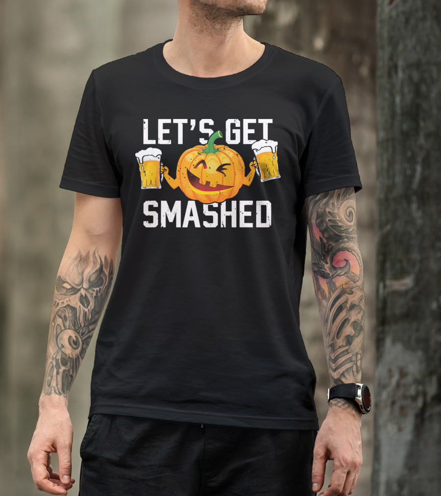 Let's Get Smashed Pumpkin With Beer Mugs Halloween Humor T-Shirt