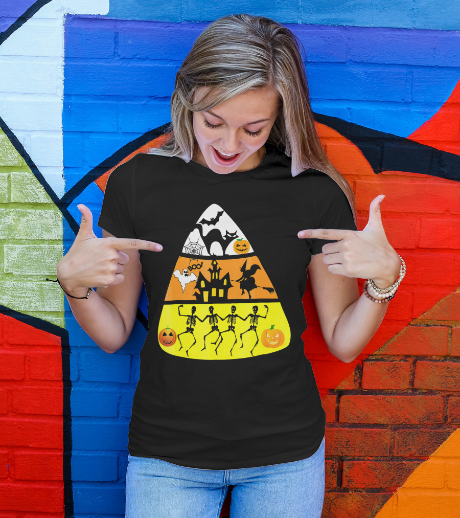 Candy Corn Halloween Scene Witch Skeletons Pumpkins Ghost Bats Haunted House Boo T-Shirt