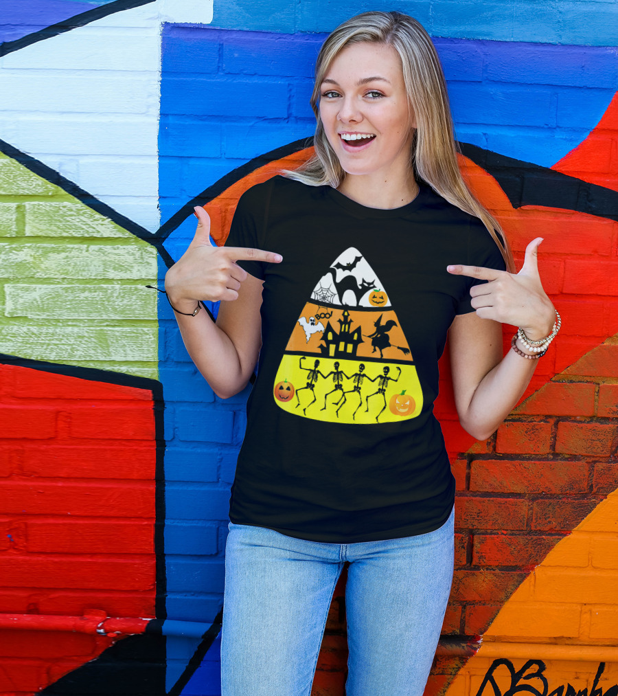Candy Corn Halloween Scene Witch Skeletons Pumpkins Ghost Bats Haunted House Boo T-Shirt