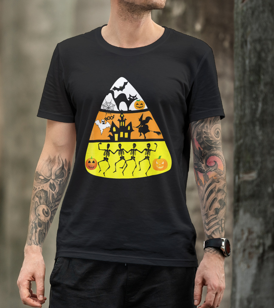 Candy Corn Halloween Scene Witch Skeletons Pumpkins Ghost Bats Haunted House Boo T-Shirt