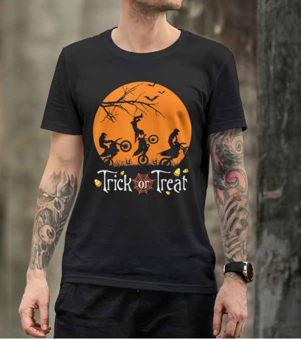 Motocross Halloween Trick Or Treat Moon Scene T-Shirt