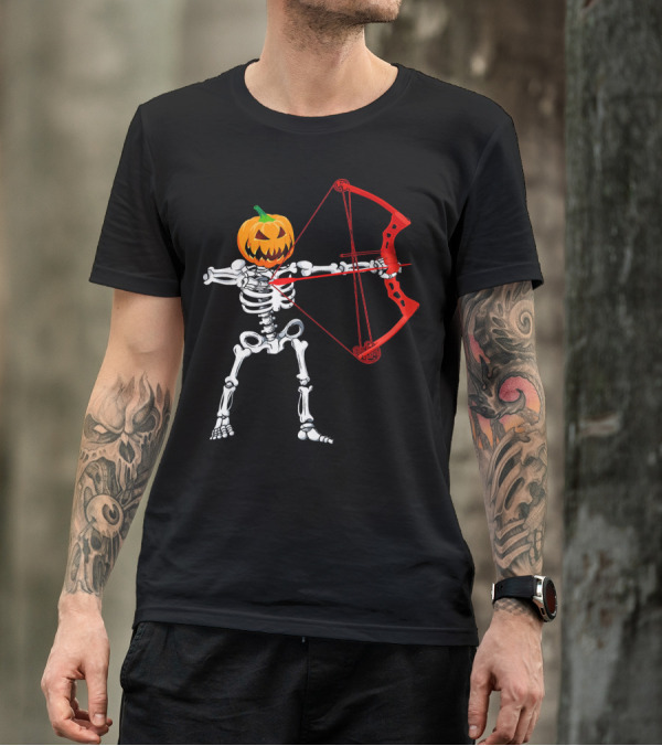 Skeleton Pumpkin Head With Red Bow Archery Halloween T-Shirt
