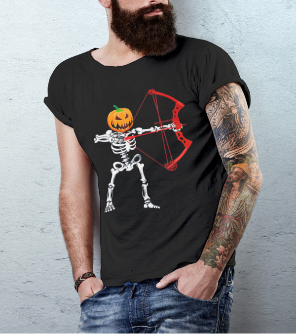 Skeleton Pumpkin Head With Red Bow Archery Halloween T-Shirt