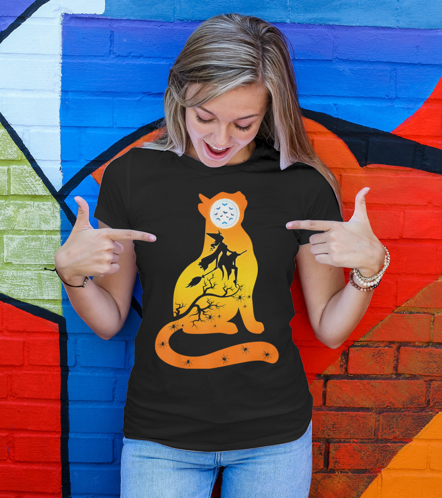 Funny Cat Witch Flying Under Bat Moon With Spooky Webs T-Shirt