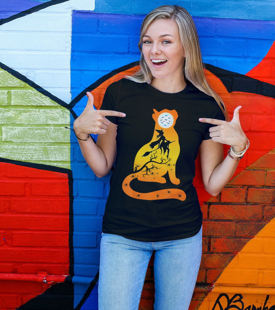 Funny Cat Witch Flying Under Bat Moon With Spooky Webs T-Shirt