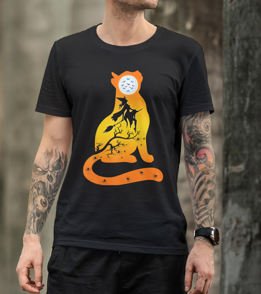 Funny Cat Witch Flying Under Bat Moon With Spooky Webs T-Shirt